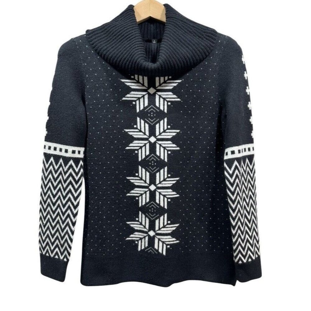 TALBOTS PETITE Size S Womens Lambswool Blend Turtle Cowl Neck Black Snow Flakes